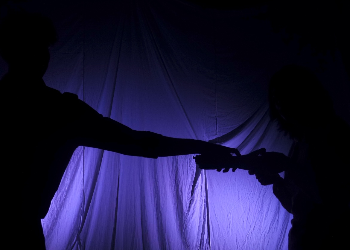 A blurred struggle between silhouetted figures in front of the lit sheet.
