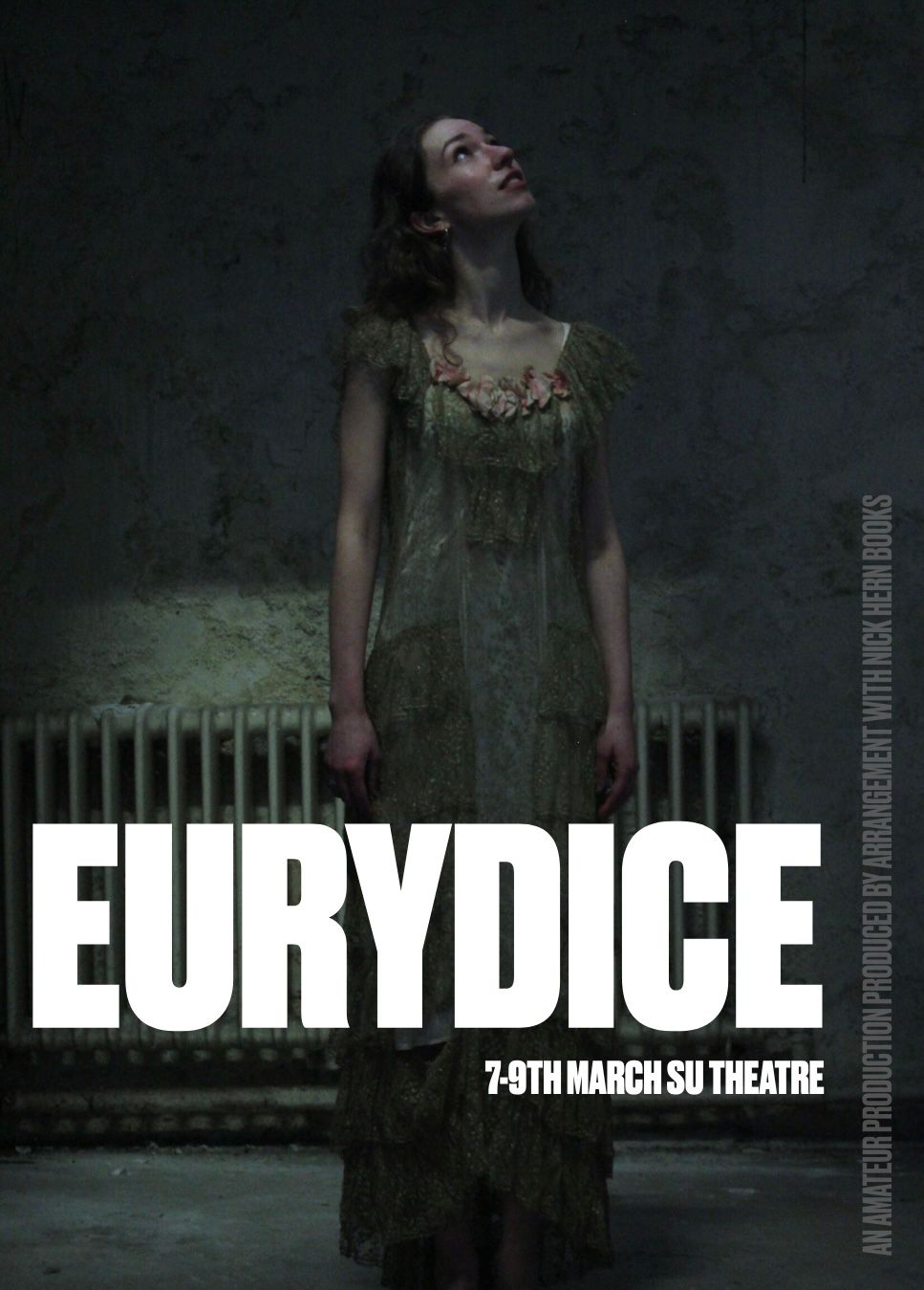 Eurydice production poster — a figure in a green gown against a bare wall.